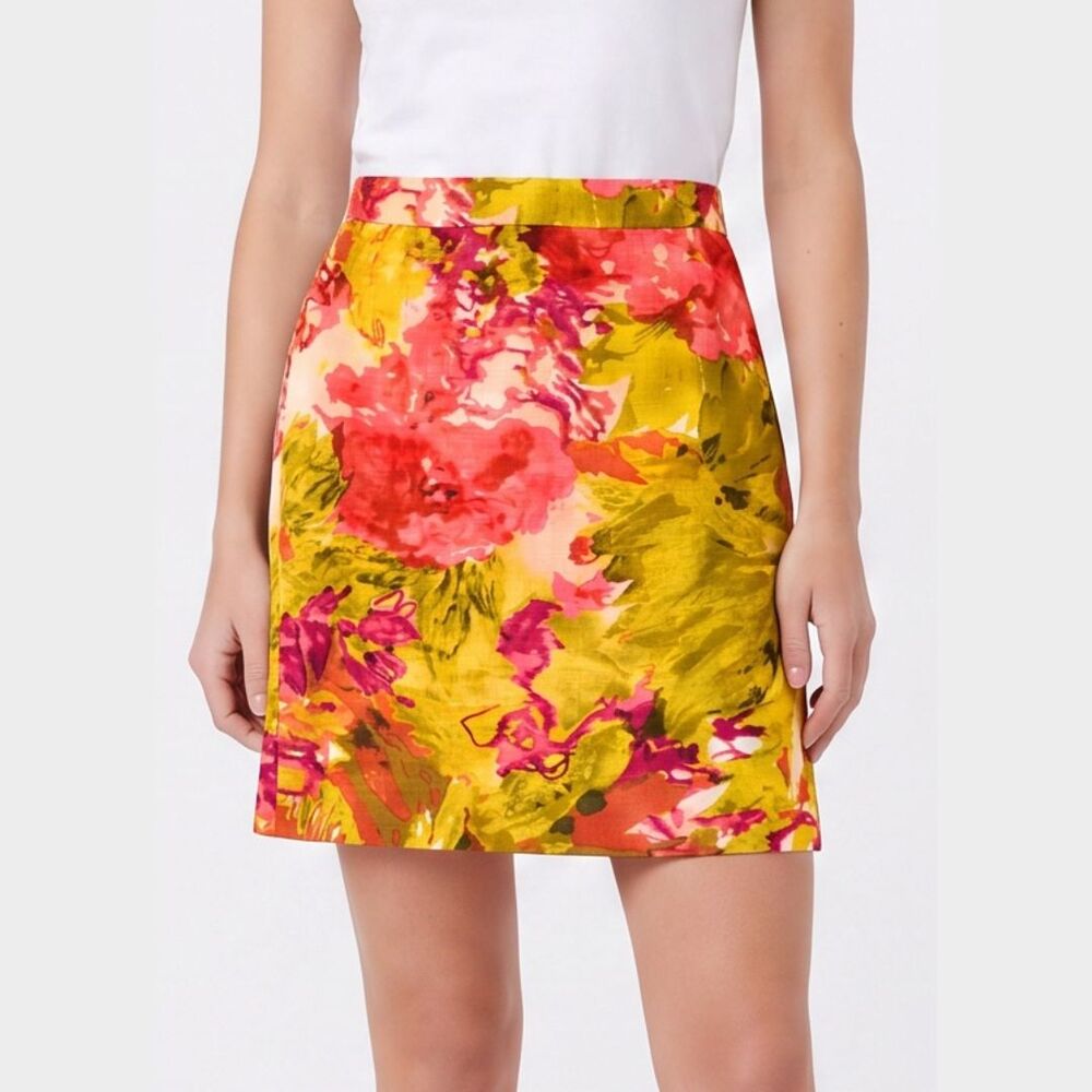 J.CREW Impressionist Floral Pencil Skirt Pink Yellow Watercolor Size 00